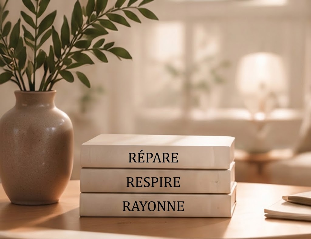 Trois livres empilés portant les mots RÉPARE, RESPIRE, RAYONNE à côté d'une plante
