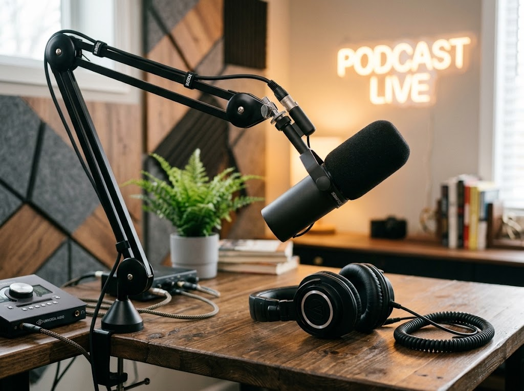 Micro de podcast avec casque audio dans le studio PSYCHAYA