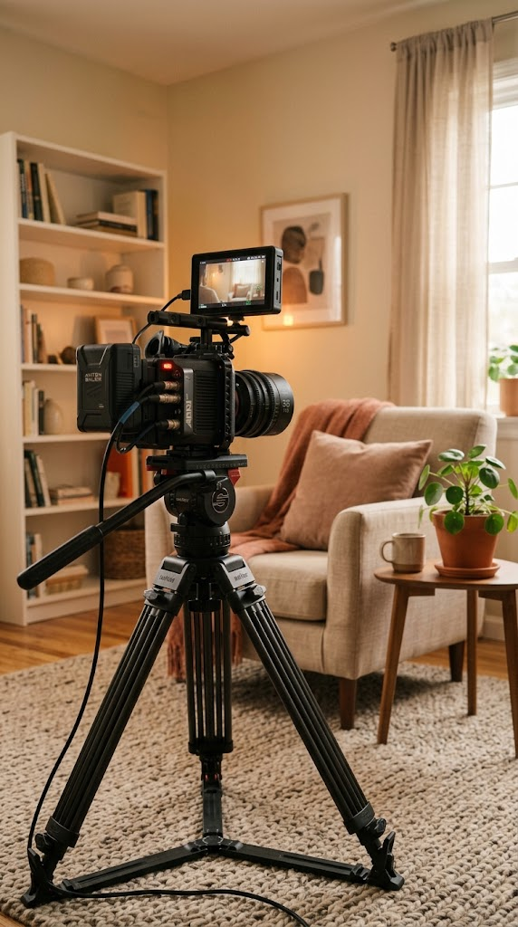 Caméra de tournage sur trépied face à un fauteuil dans le salon PSYCHAYA