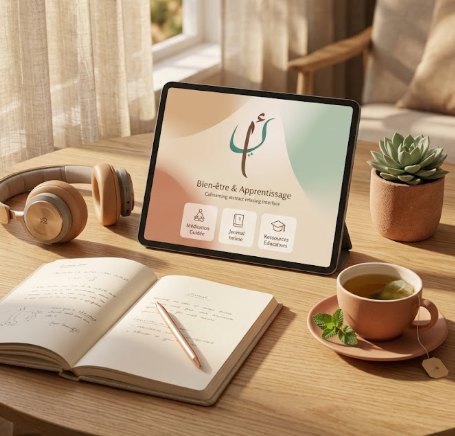 Tablette PSYCHAYA posée sur une table en bois avec un journal, une tasse de thé et un casque audio, ambiance douce et apaisante