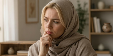 Femme pensive avec un hijab beige