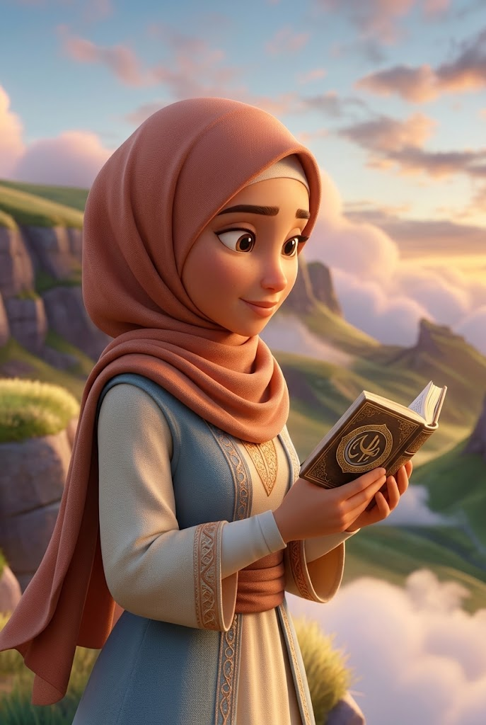 Illustration d'une jeune fille au hijab rose lisant un livre avec une boussole, dans un paysage de montagnes